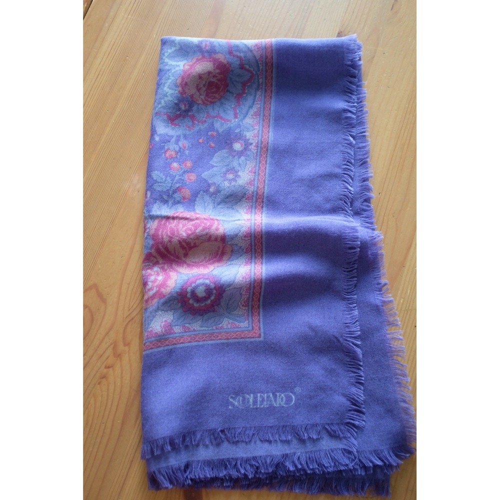Vintage Souleiado Floral Fringe Scarf Blue Purple Periwinkle 33x33 Square France